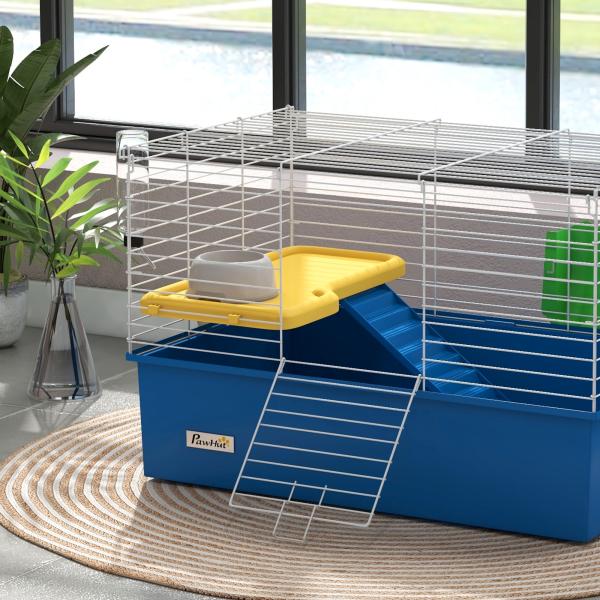 Gaiola para Visons com Bandeja Gaiola para Animais Pequenos com Plataforma Rampa Comedouro e Bebedouro 71x46x47 cm Branco e Azul