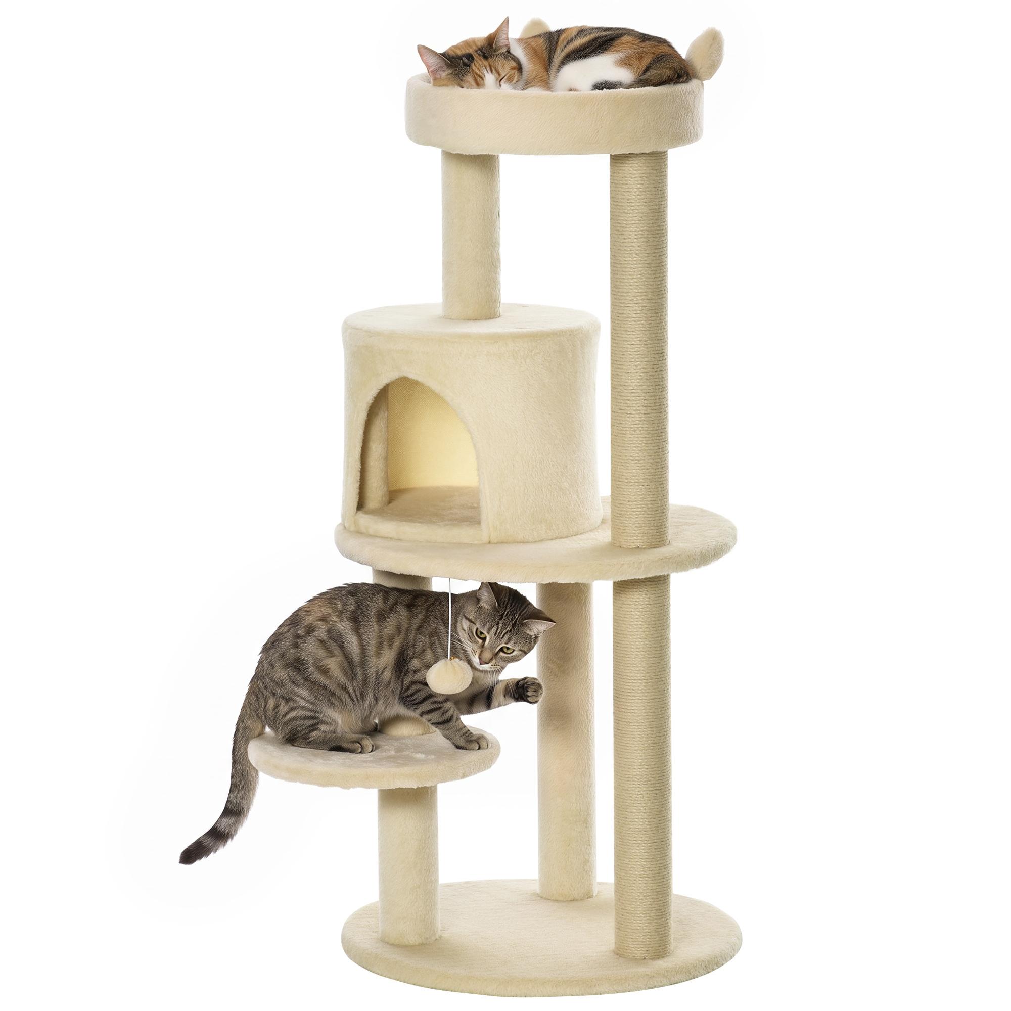 Árvore Arranhador para Gatos com Plataforma Caverna Postes de Sisal e Bola Suspensa 48x48x104 cm Bege