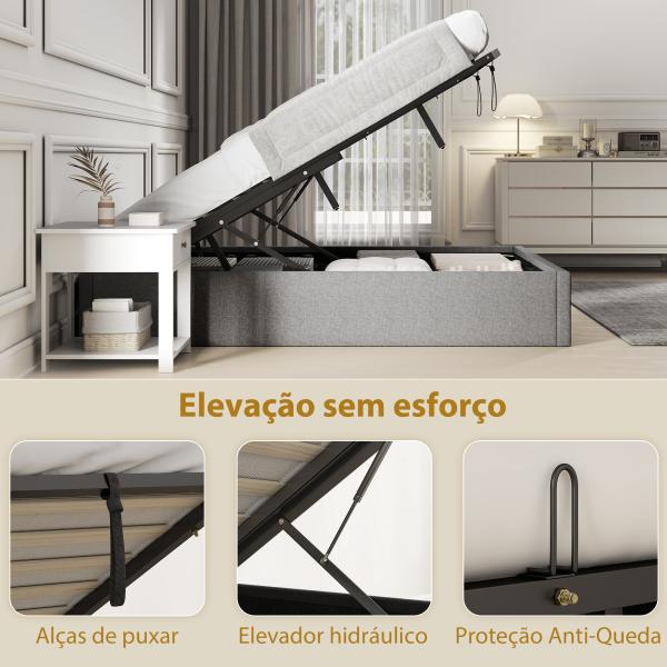 Cama de Casal 140x190 cm com Arrumação Elevatória, Estrutura com Estrado Estofada em Linho Cinzento