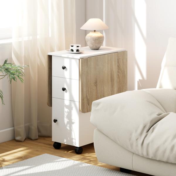 Mesa de Refeição com Rodas Mesa Abatível com 2 Gavetas e Armário Mesa Auxiliar Multifuncional 120x60x76,5 cm Branco