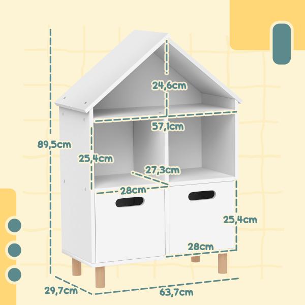 Estante para Livros Infantil de 3 Níveis em Forma de Casa com 3 Prateleiras e 2 Armários, para Crianças dos 3 aos 8 Anos, Branco