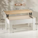 Mesa de Centro com Bancada Elevatória Compartimento Aberto e Oculto 100x50x45 - 58,5 cm Branco e Madeira