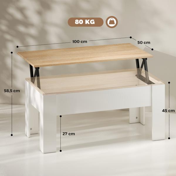 Mesa de Centro com Bancada Elevatória Compartimento Aberto e Oculto 100x50x45 - 58,5 cm Branco e Madeira