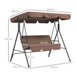 Baloiço de Jardim de 3 Lugares com Almofada Toldo Ajustável e Estrutura de Aço para Balcão Terraço 172x110x153 cm Marróm