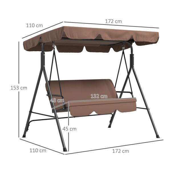 Baloiço de Jardim de 3 Lugares com Almofada Toldo Ajustável e Estrutura de Aço para Balcão Terraço 172x110x153 cm Marróm