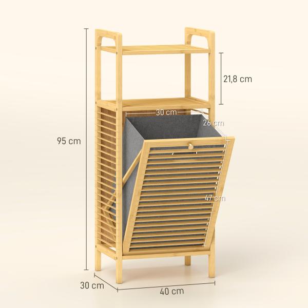 Armário para Roupa de Bambu Móvel Auxiliar para Casa de Banho 40x30x95 cm com 2 Prateleiras Abertas Cesto Amovível Madeira