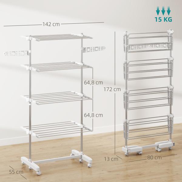 Estendal de Roupa Dobrável 80x55x172cm com 6 Rodas e 4 Prateleiras com Altura Ajustável de Aço Inoxidável Prateado