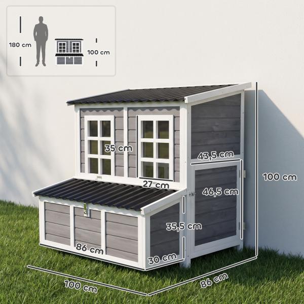 Galinheiro Exterior em Madeira 100x86x100 cm para 2 - 4 Galinhas com Ninho, Tabuleiro Amovível, Telhado Impermeável e Poleiros, Cinzento - Claro