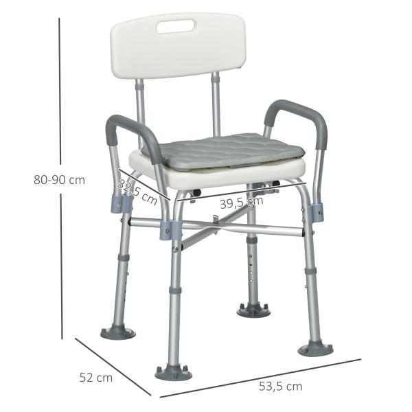 Cadeira de Duche para Idosos com Encosto Apoios de Braço Altura Ajustável Almofada Acolchoada Removível 53,5x52x80 - 90 cm Branco