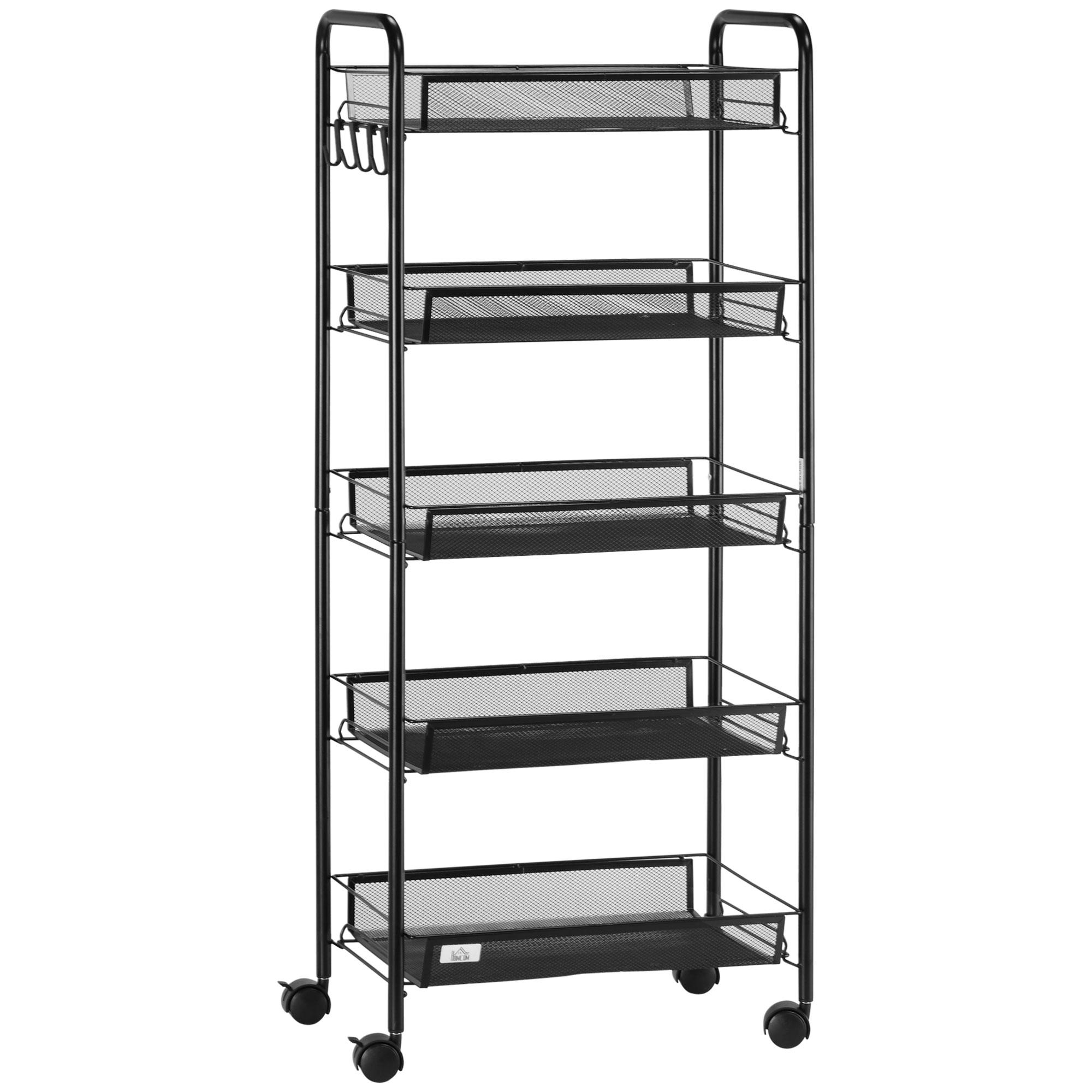Carrinho Auxiliar com Rodas de 5 Níveis com Cestos de Malha Removíveis e Estrutura de Aço 45x26,5x106 cm Preto