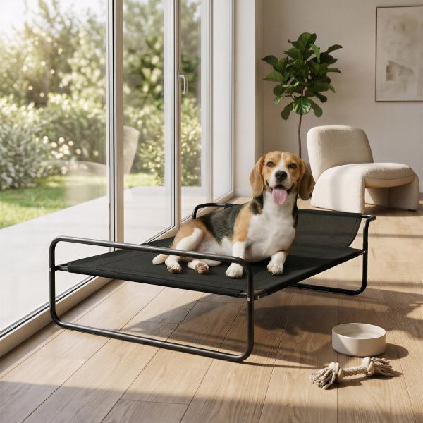 Cama Elevada para Cães Respirável para Cães Pequenos 91x69x29 cm Tecido de Textilene Apoio de Cabeça Preto