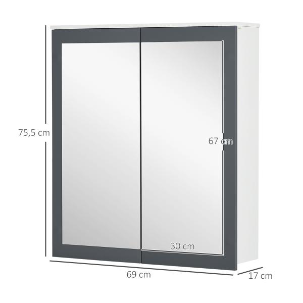 Armário de Casa de Banho com Espelho 2 Portas e Prateleiras Ajustáveis 69x17x75,5 cm Branco e Cinza
