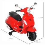Mota Elétrica para Crianças com Licença Vespa com Música Velocidade 2 - 3 km/h e Buzina 102x50,5x75,5 cm Vermelha