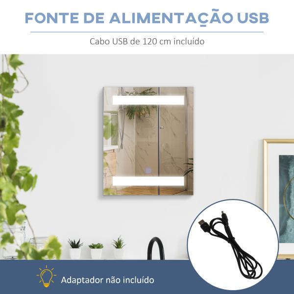 Armário Casa de Banho com Espelho e Luz LED 2 Prateleiras de Armazenamento e Interruptor Tátil 50x15x60cm Branco