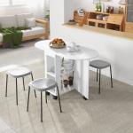 Mesa de Cozinha Dobrável com Rodas Laterais Rebatíveis e 2 Prateleiras Abertas Estilo Moderno 120x60x77 cm Branco