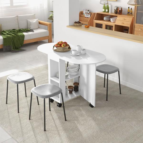 Mesa de Cozinha Dobrável com Rodas Laterais Rebatíveis e 2 Prateleiras Abertas Estilo Moderno 120x60x77 cm Branco