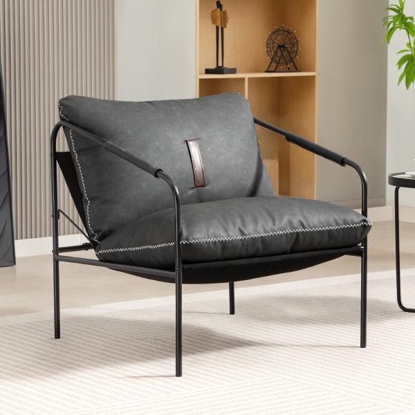 Poltrona Moderna Poltrona de Leitura Estofada em Couro Sintético Capas de Almofadas Removíveis 74,5x75x77 cm Cinza Carvão