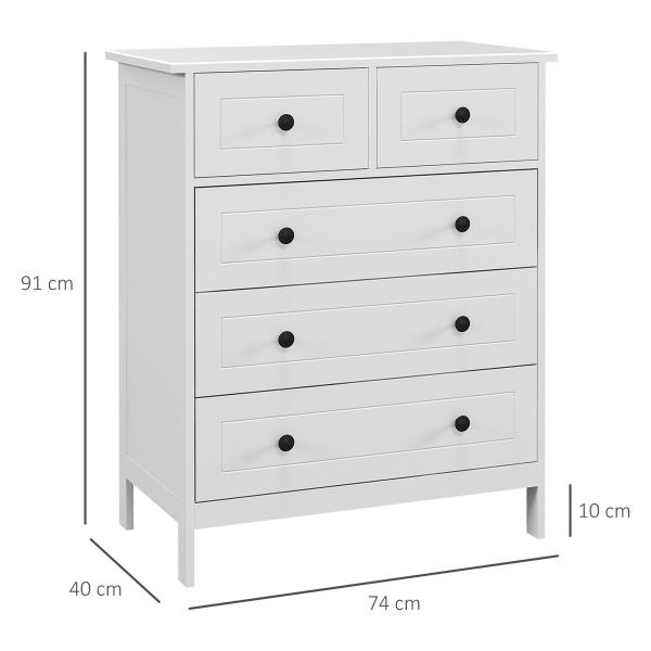 Cómoda de Dormitório com 5 Gavetas e Puxadores Cómoda Alta para Sala de Estar Estúdio Estilo Moderno 74x40x91 cm Branco