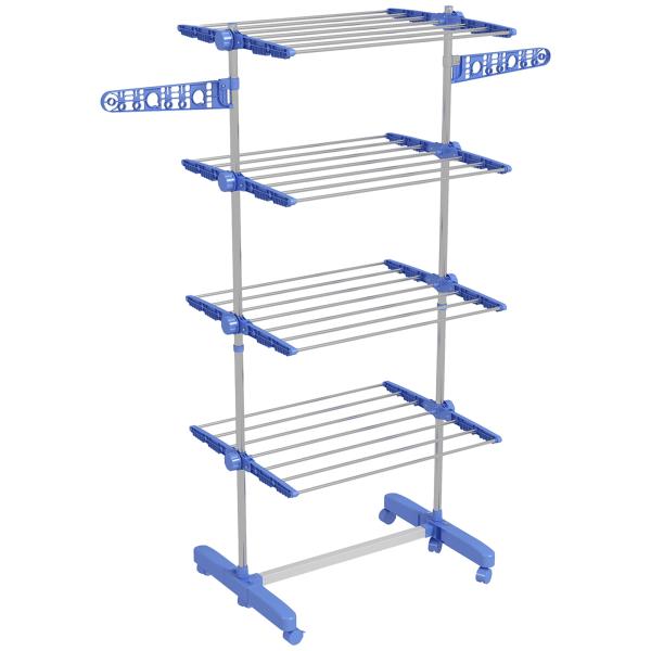 Estendal Vertical Dobrável de 4 Níveis com 6 Rodas 2 Laterais Dobráveis Prateleiras Ajustáveis 142x55x172 cm Azul