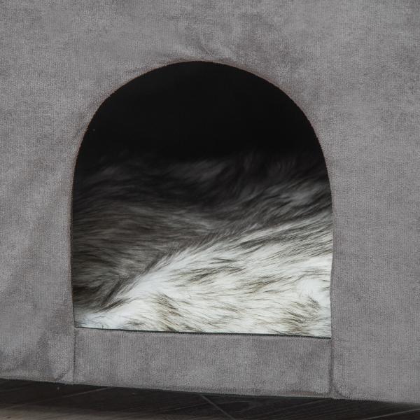 Caverna para Gatos 2 em 1 Banco para Apoio dos Pés com Tampa Removível Orifício de Entrada Almofada Lavável e Pés Elevados de Madeira para Interior 60x45x44,5cm Cinza