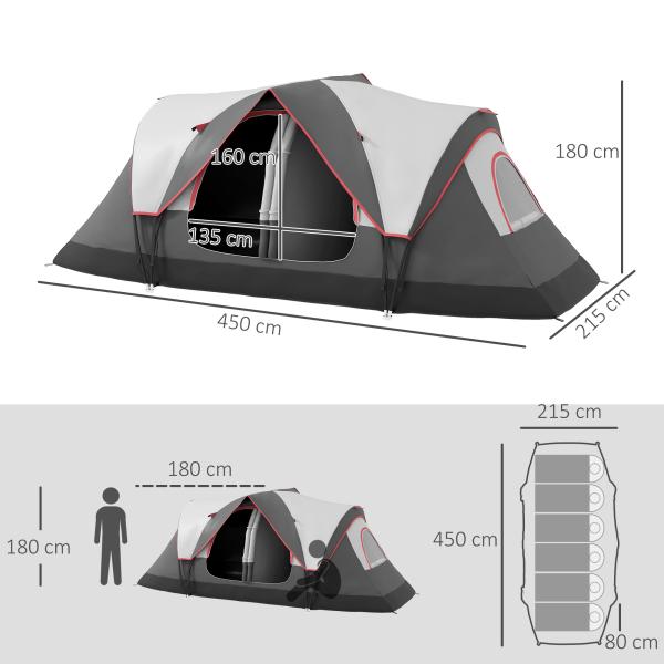 Tenda de Campismo Familiar para 5 - 6 Pessoas Dobrável com 2 Quartos e Bolsa de Transporte Impermeável 450x215x180 cm Cinza
