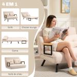 Sofá Cama Convertível 2 Lugares Dobrável com Encosto Ajustável em 5 Níveis e 2 Almofadas 102x73x81 cm Bege Creme