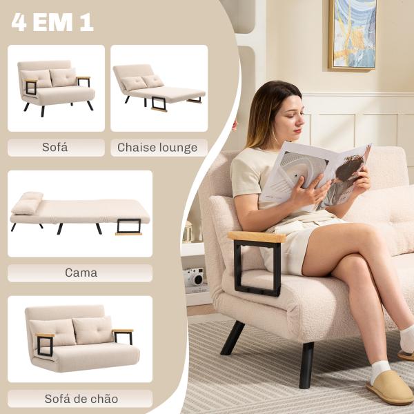 Sofá Cama Convertível 2 Lugares Dobrável com Encosto Ajustável em 5 Níveis e 2 Almofadas 102x73x81 cm Bege Creme