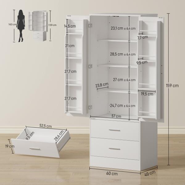 Armário Despenseiro de Cozinha com 2 Portas, 8 Prateleiras na Porta, 2 Gavetas e Prateleiras Ajustáveis, 60x40x159 cm, Branco