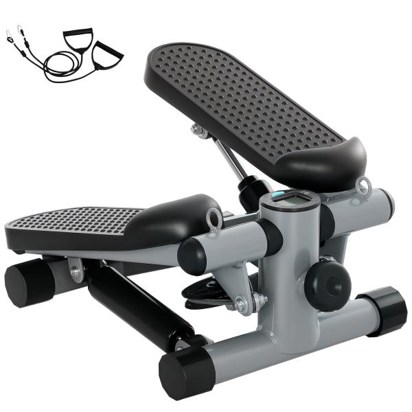 Mini Step Máquina de Step Compacta com Bandas de Resistência Monitor LCD Pedais Antiderrapantes e Ajustáveis em Altura 41x30,5x18,5 cm Cinza