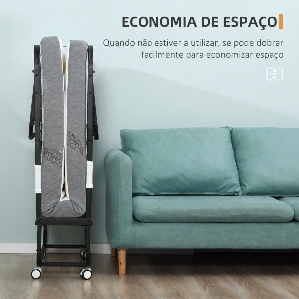 Cama Dobrável 200x75x42,5 cm Cama de Campismo Portátil com Colchão Individual Rodas e Freios Carga Máxima 150 kg para Dormitórios Branco