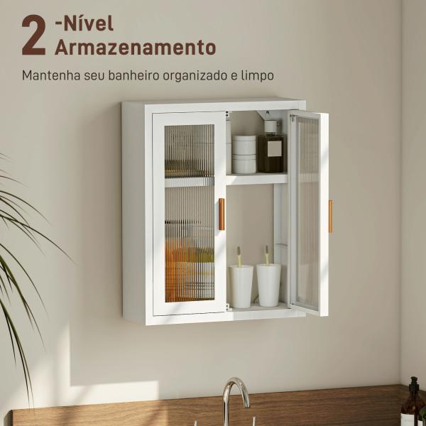 Armário de Casa de Banho de Parede com Portas de Acrílico Prateleira Ajustável Fecho Magnético 40x14x50 cm Branco