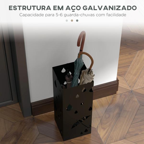 Suporte para Guarda - Chuvas com 4 Ganchos e Bandeja de Gotejamento Amovível Porta Guarda - Chuvas 15,5x15,5x41 cm Preto