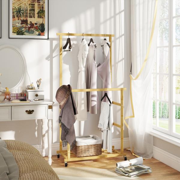 Charriot com Rodas de Bambu com Sapateira 2 Barras para Pendurar para Entrada Corredor Quarto 80x40x160 cm Madeira