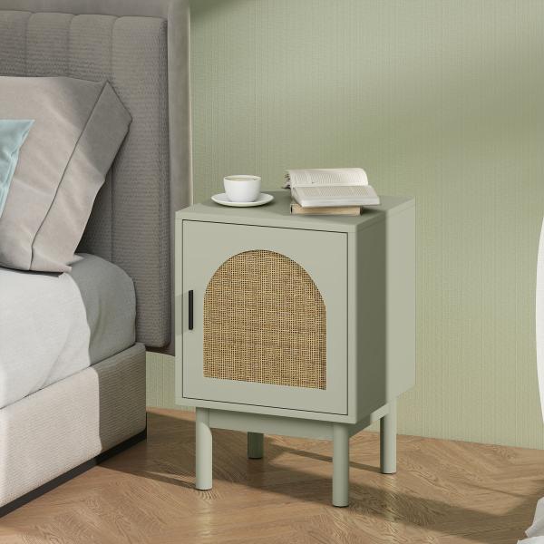 Mesa de Cabeceira com Porta de Vime Prateleira Ajustável e Pés de Madeira Estilo Boémio Mesa Auxiliar 40x35x58 cm Verde