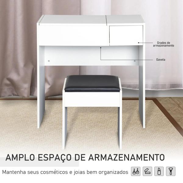 Toucador de Maquilhagem com Branco e Tampa Dobrável Mesa de Maquilhagem com Compartimentos e Gaveta 80x40x79cm Branco
