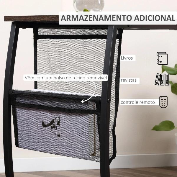 Mesa Auxiliar para Sofá e Cama em Forma de C com Bolso de Armazenamento Mesa Lateral de Estilo Industrial 52x35x64,5cm Marrom Rústico