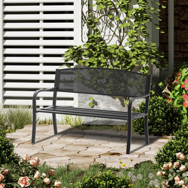Banco de Jardim de 2 Lugares Banco de Exterior com Encosto de Malha de Aço para Pátio Varanda 127x60x87 cm Preto