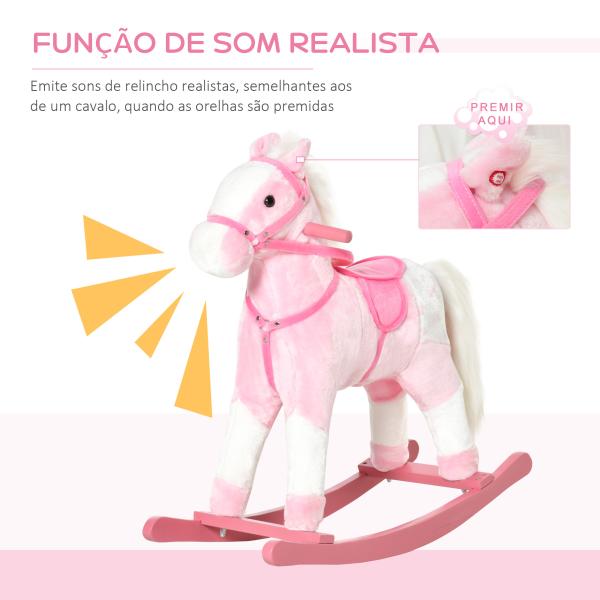 Cavalo Baloiço de Pelúcia para Crianças entre 3 - 6 Anos com Sons de Relincho 74x28x65 cm Rosa
