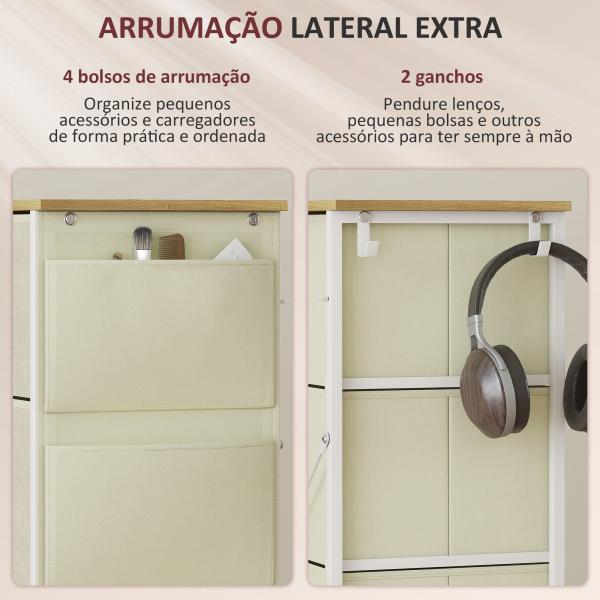 Cómoda Alta de Tecido com 4 Gavetas 4 Bolsos Laterais 2 Ganchos e Estrutura de Aço 45x30x94,5 cm Bege