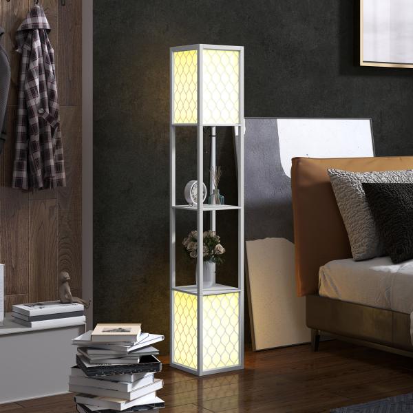 Candeeiro de Pé de Madeira com Estantes Lâmpada E27 Máx. 40W com Interruptor 26x26x156 cm Branco