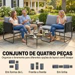 Conjunto de Jardim de 4 Peças Móveis de Exterior com 2 Sofás de 2 Lugares 2 Mesas de Vidro Almofadas Capas Removíveis Cinzento