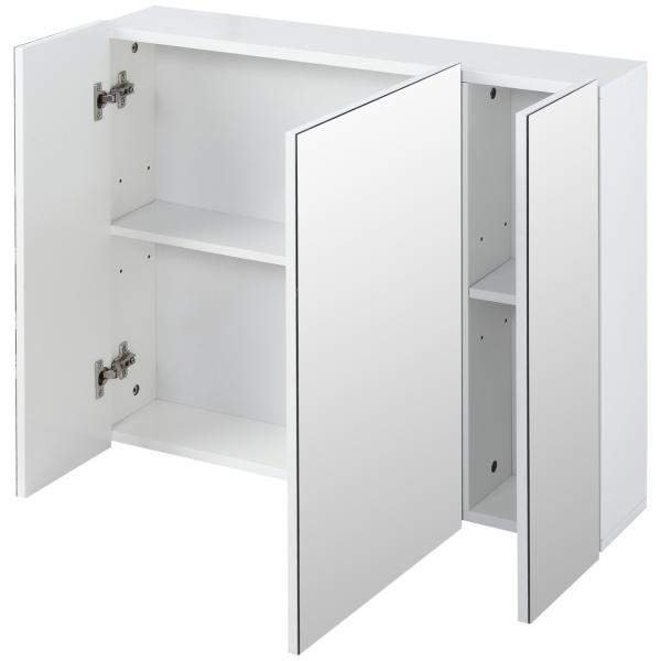 Armário de Casa de Banho com 3 Portas com Espelho Armário de Parede com Prateleiras Internas Ajustáveis 70x15x60 cm Branco