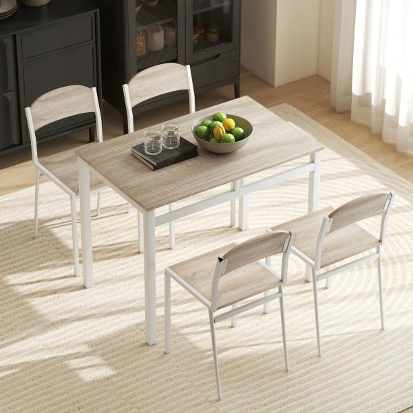 Conjunto de Mesa e Cadeiras de Refeição Mesa de Cozinha Retangular com 4 Cadeiras Estilo Moderno Carvalho e Branco