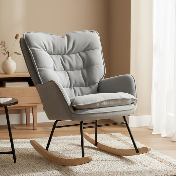 Poltrona Baloiço Estofada em Chenilla com Pés de Madeira de Faia e Apoio para os Braços para Lactância 71x98,5x97 cm Cinzento claro