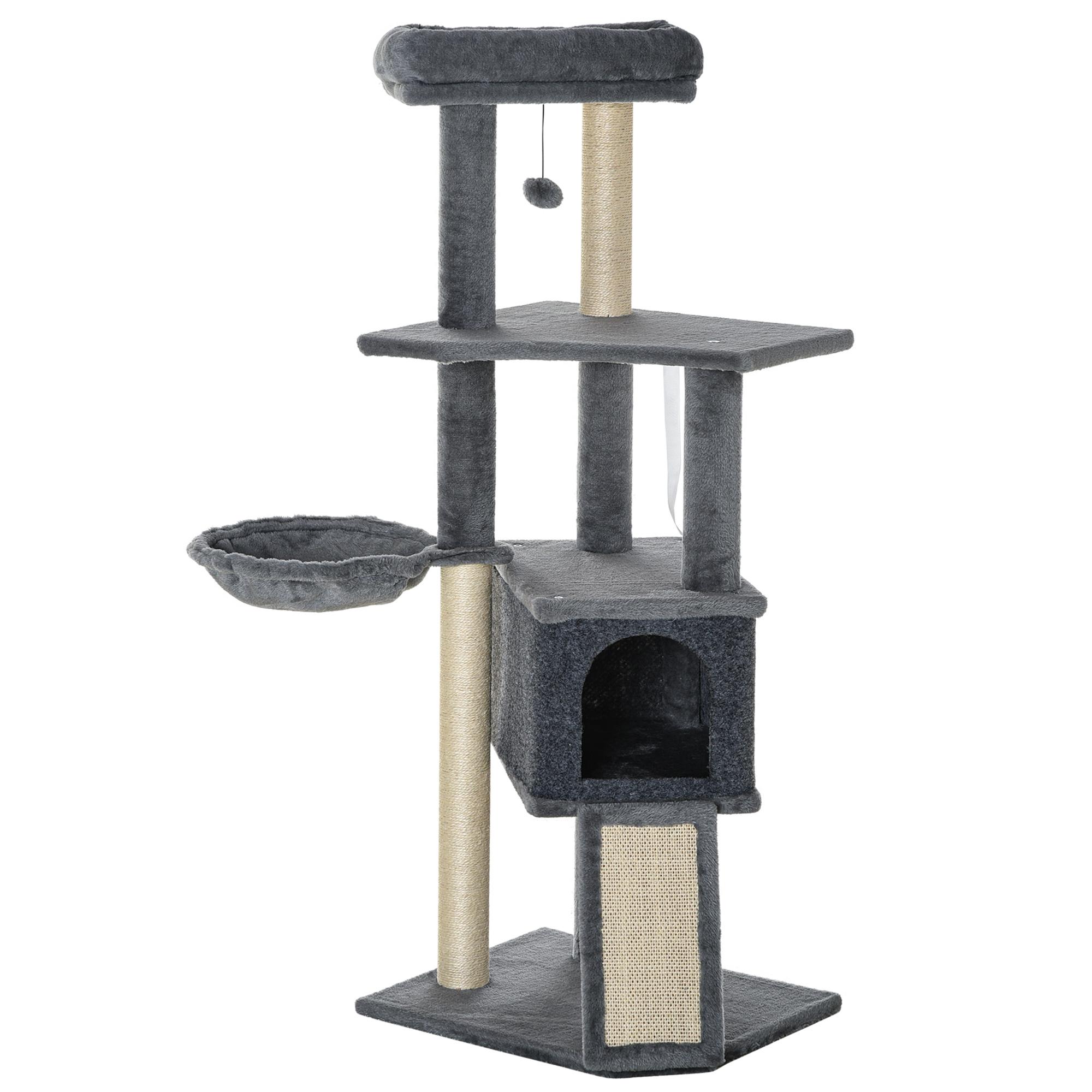 Arranhador para Gatos 127 cm com Caverna Rede Cama Plataformas Rampa de Sisal Bola Pendurada Cinza
