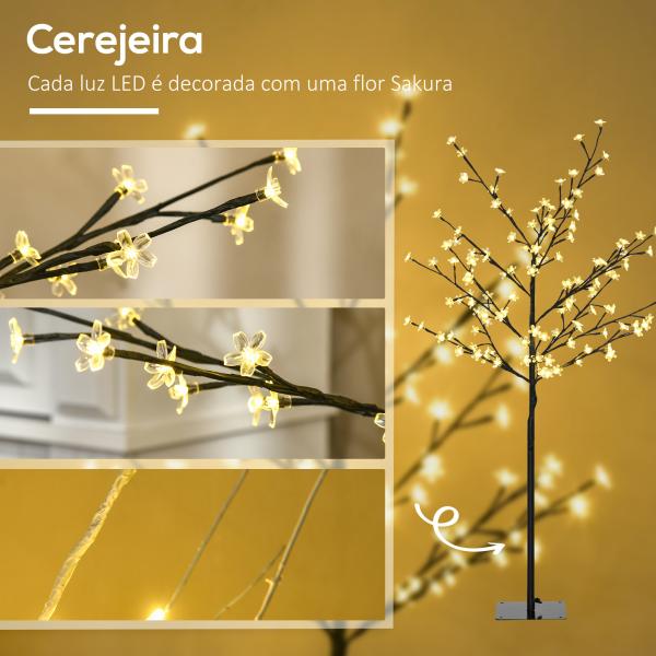 Árvore de Cerejeira com 120 Luzes LED IP44 Candeeiro Decorativo Flor de Cereja com Ramos Flexíveis 17x17x120cm Preto