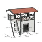 Casa para Gatos de Madeira 77x50x73cm Casa para Gatos com 2 Níveis com Teto Asfáltico Terraço Cercado Caverna e Escada Branco