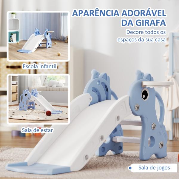 Escorrega para Crianças 3 em 1 com Escada Tabela de Basquetebol e Desenho de Girafa 106x51,5x52 cm Azul Claro
