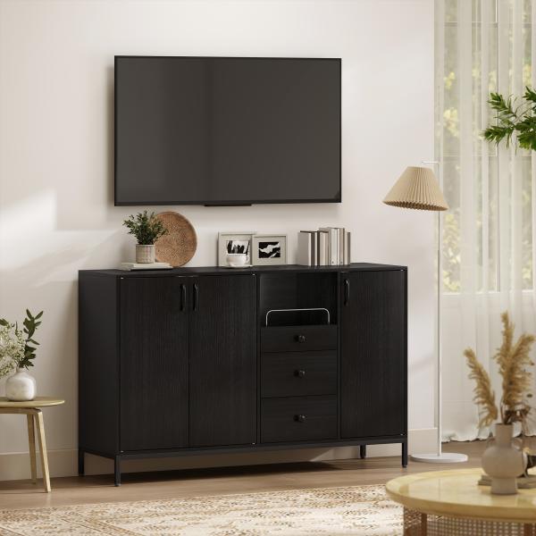 Aparador com 3 Portas e 3 Gavetas Prateleiras Ajustáveis para Cozinha, Entrada Sala de Jantar Quarto 143,5x40x90 cm Preto