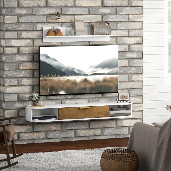 Móvel de TV Sala de Estar com Prateleira de Parede Armário Orifícios para Cabos para Televisão de Parede 120x24x16 cm Branco